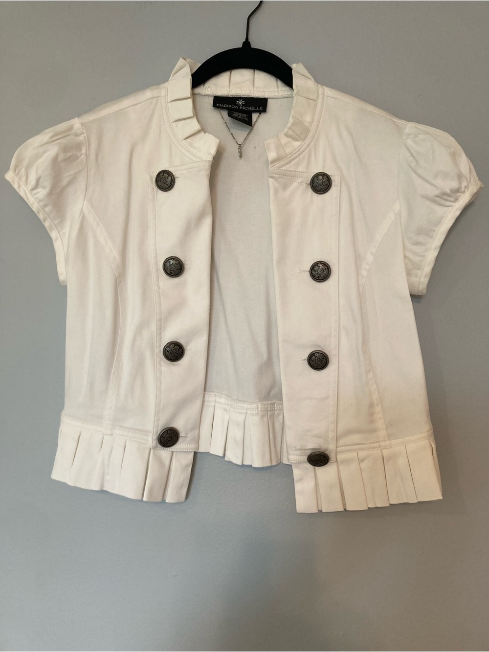 White Pleated Military-Style Short Sleeve Jacket by Madison Michelle sz 6